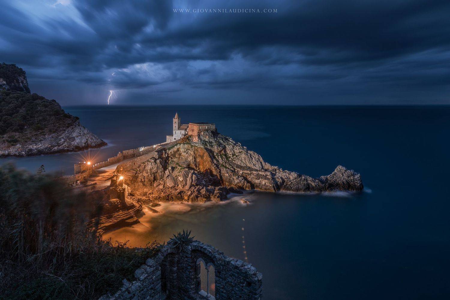 italy, liguria, portovenere, unesco, la spezia, church, rock, light, lightning, landscape, night, mood, blue, long exposure, storm, cloud, sea, mediterranean, coastline, Giovanni Laudicina