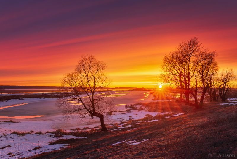 пейзаж, природа, закат, весна, кострома Весенний вечер на берегу Волги фото превью