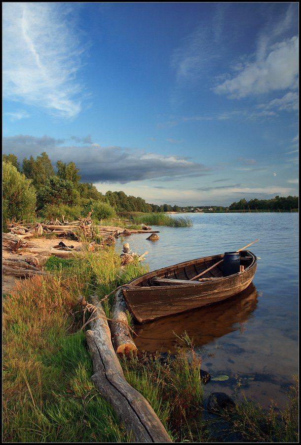 река, гауя, лодка, вечер, бревна, Karlis Keisters