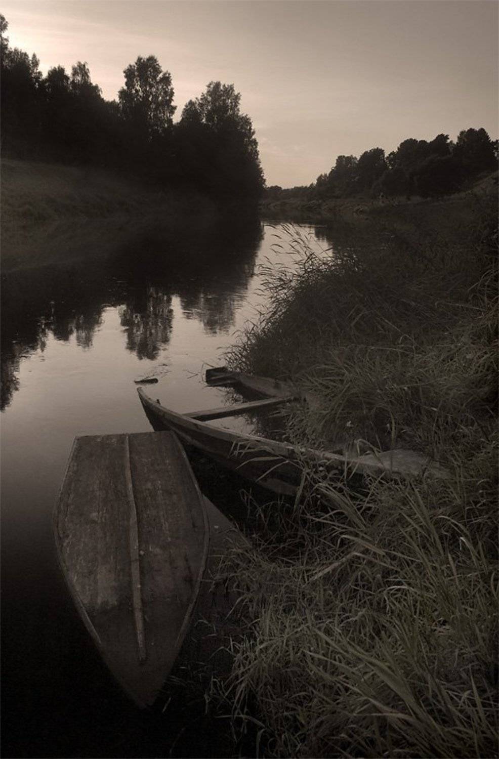 лодка, река, вода, вечер, Пётр Мусатов