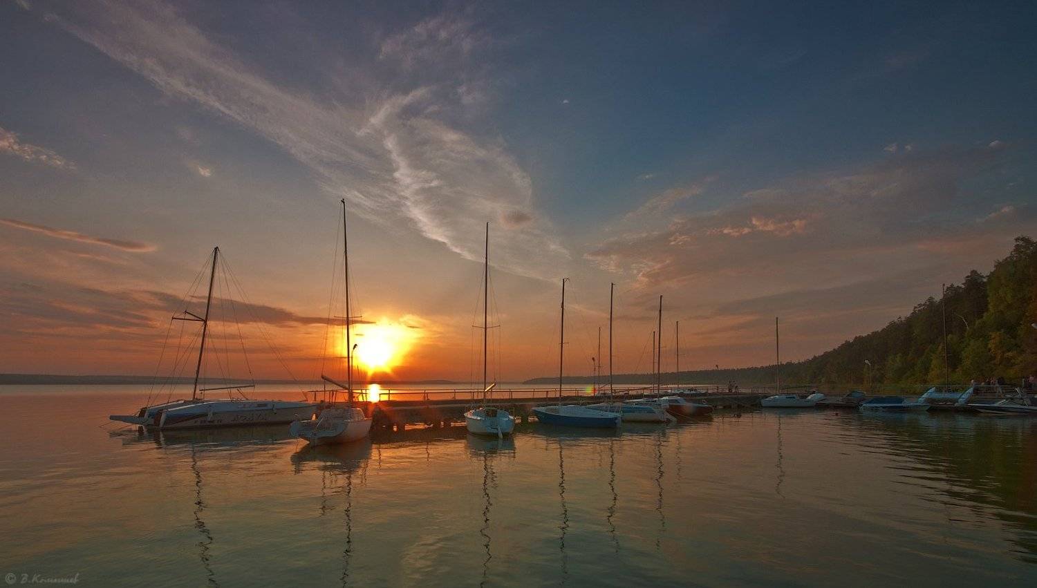 Закат, Лето, Причал, Пруд, Яхты, Владимир Комышев