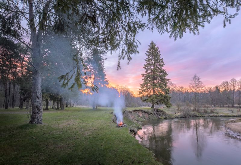 пейзаж рассвет река краски лес Рассвет фото превью
