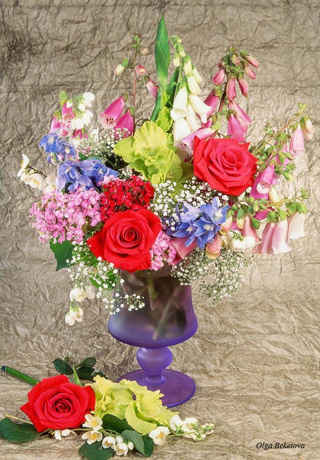 наперстянка, розы, дельфиниум, натюрморт, букет, Бекетова Ольга