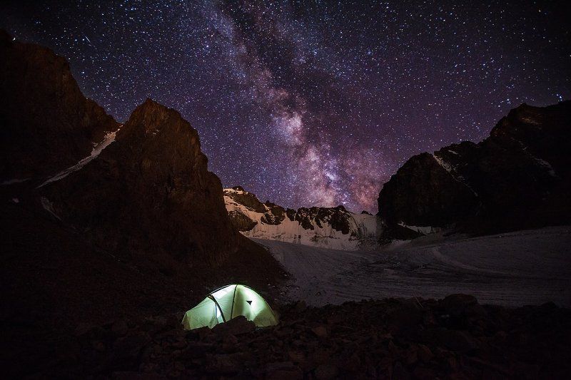 Glacier, Ice, Milky way, Mountains, Night, Sky, Tent Млечный путь над ледником Богдановича. фото превью