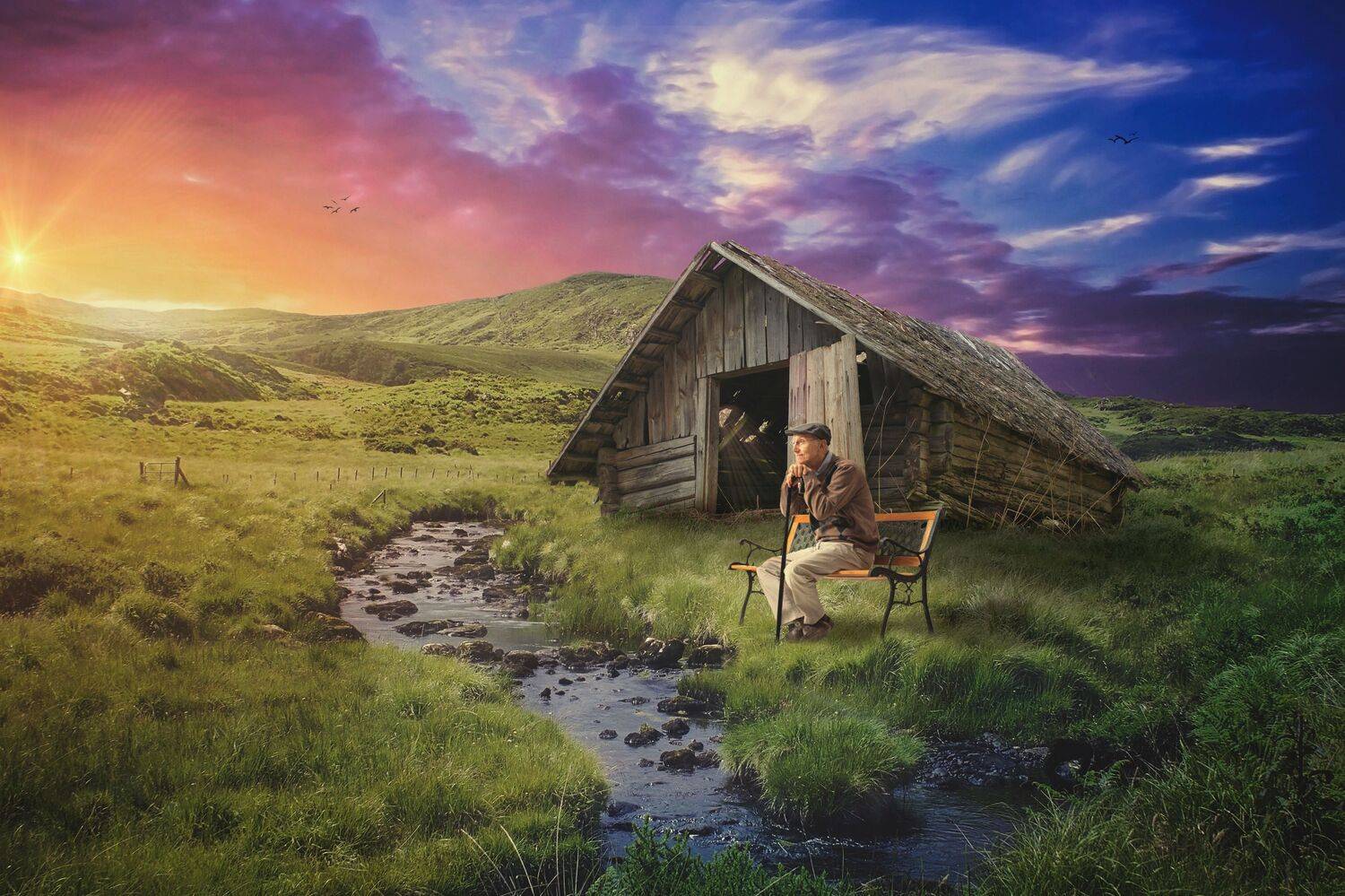 старик, ручей, хижина, Sergii Vidov