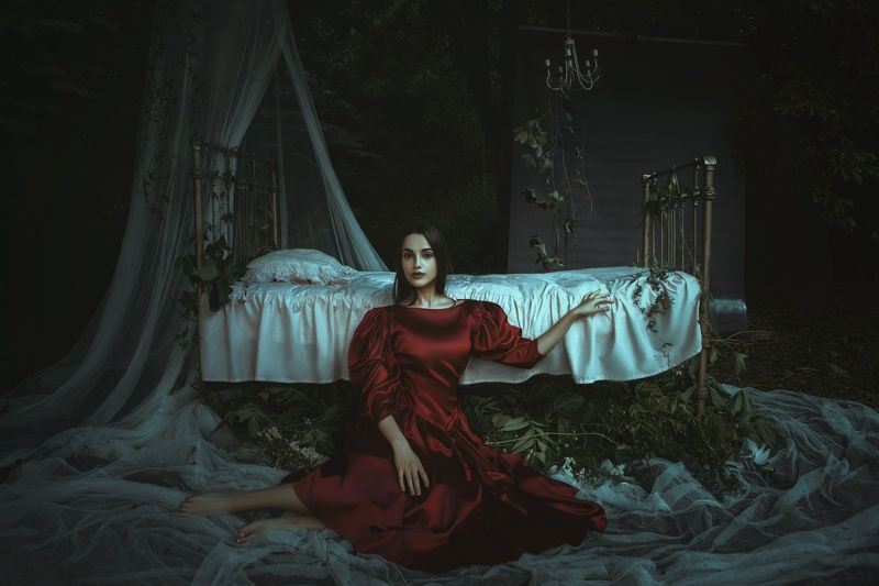 lady, woman, red, model, drreeam, nature, bed, bedroom, forest, art, fine art, dark, goth, gothic, Dream фото превью