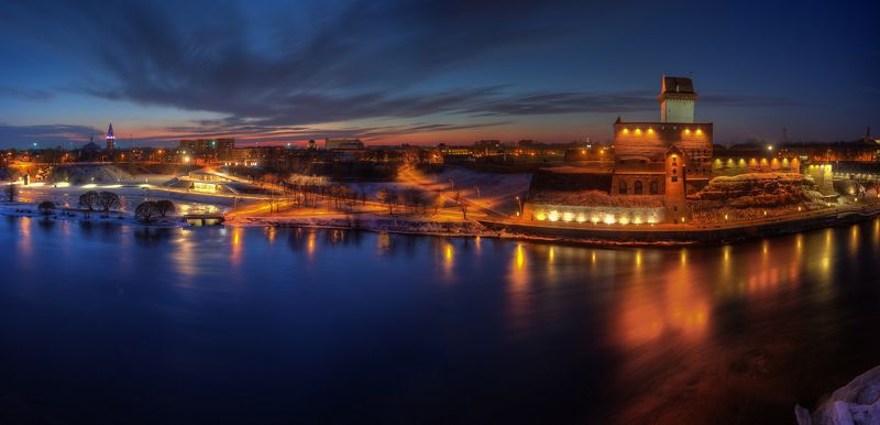 нарва, вечер, зима, река, город, замок, панорама Нарва. Зима. фото превью