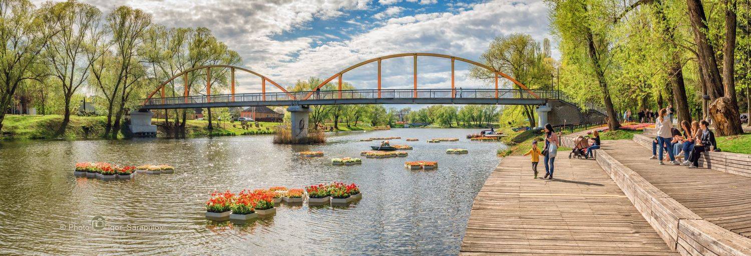 цветение, фестиваль, река в цвету, река, пешеходный мост, панорама, клумба, городской парк, город, весна, везёлка, белгород,  апрель,, Сарапулов Игорь