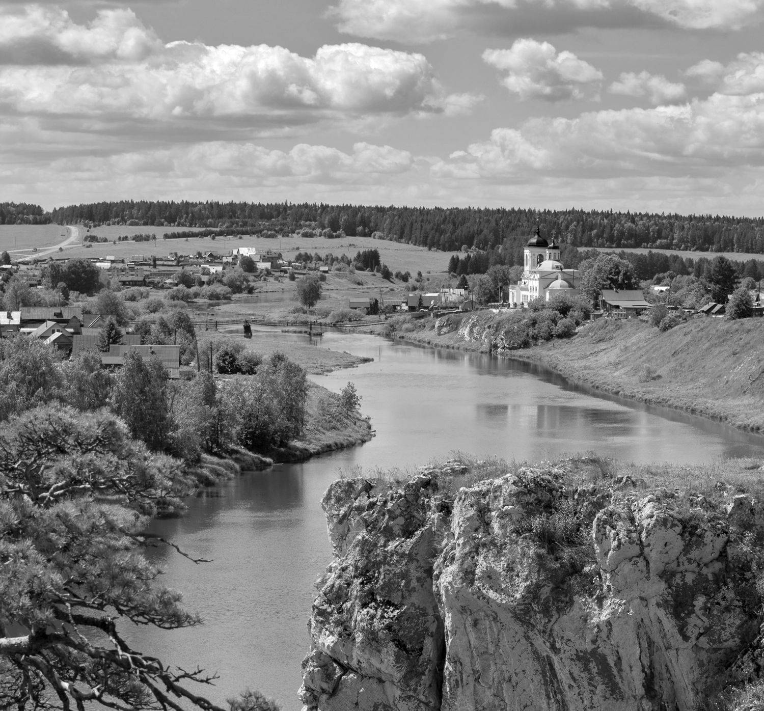 река, деревня, церковь, облака, гора, Татьяна Попова