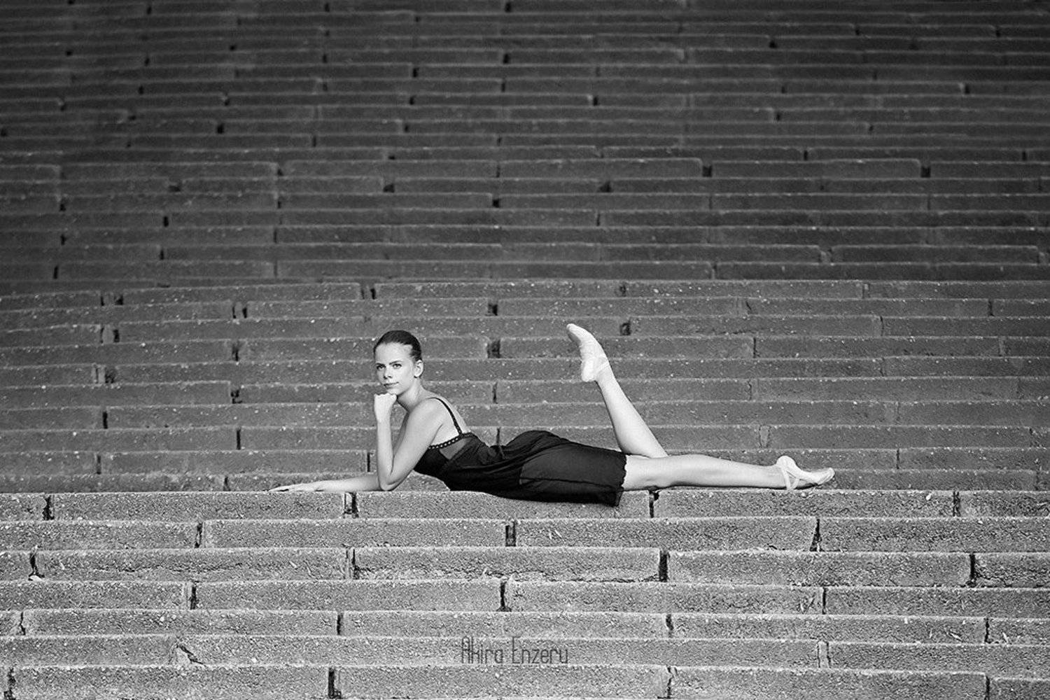 Ballerina, Ballet, Black & white, Portrait, Stairs, Enzeru Akira