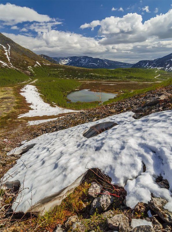 горы, кольский п-ов, лето, небо, озеро, пейзаж, природа, путешествие, север, снег, туризм, хибины *** фото превью
