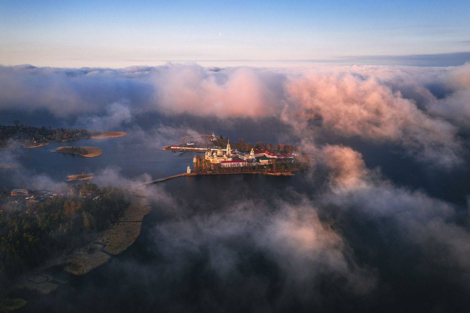 пейзаж, природа, озеро, монастырь, рассвет, Разум Митя