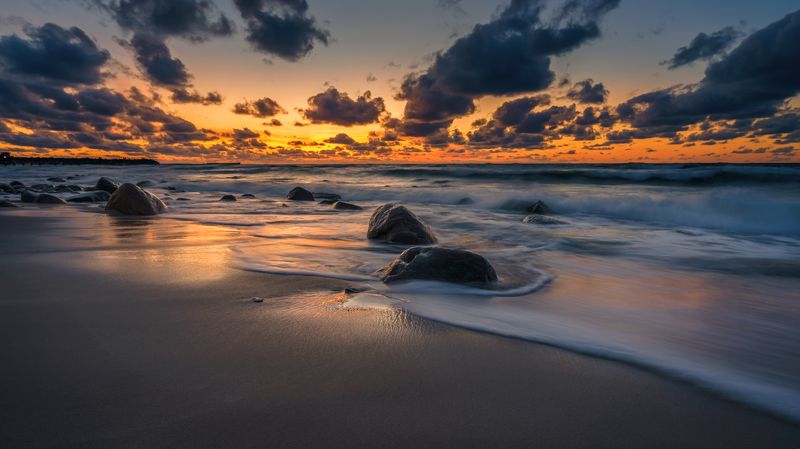 балтийское море, закат, волны, камни * фото превью