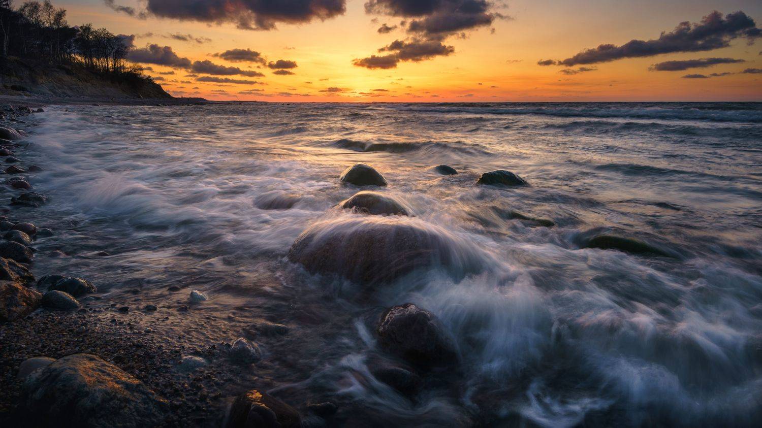 балтийское море, волны, закат, камни, Popoff Dmitry