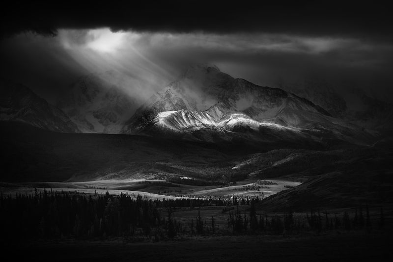 пейзаж, горы, хребет, курай, алтай, непогода, шквал, снег, небо, тревожный, грозный, суровый, ландшафт, чб Снежный шквал фото превью