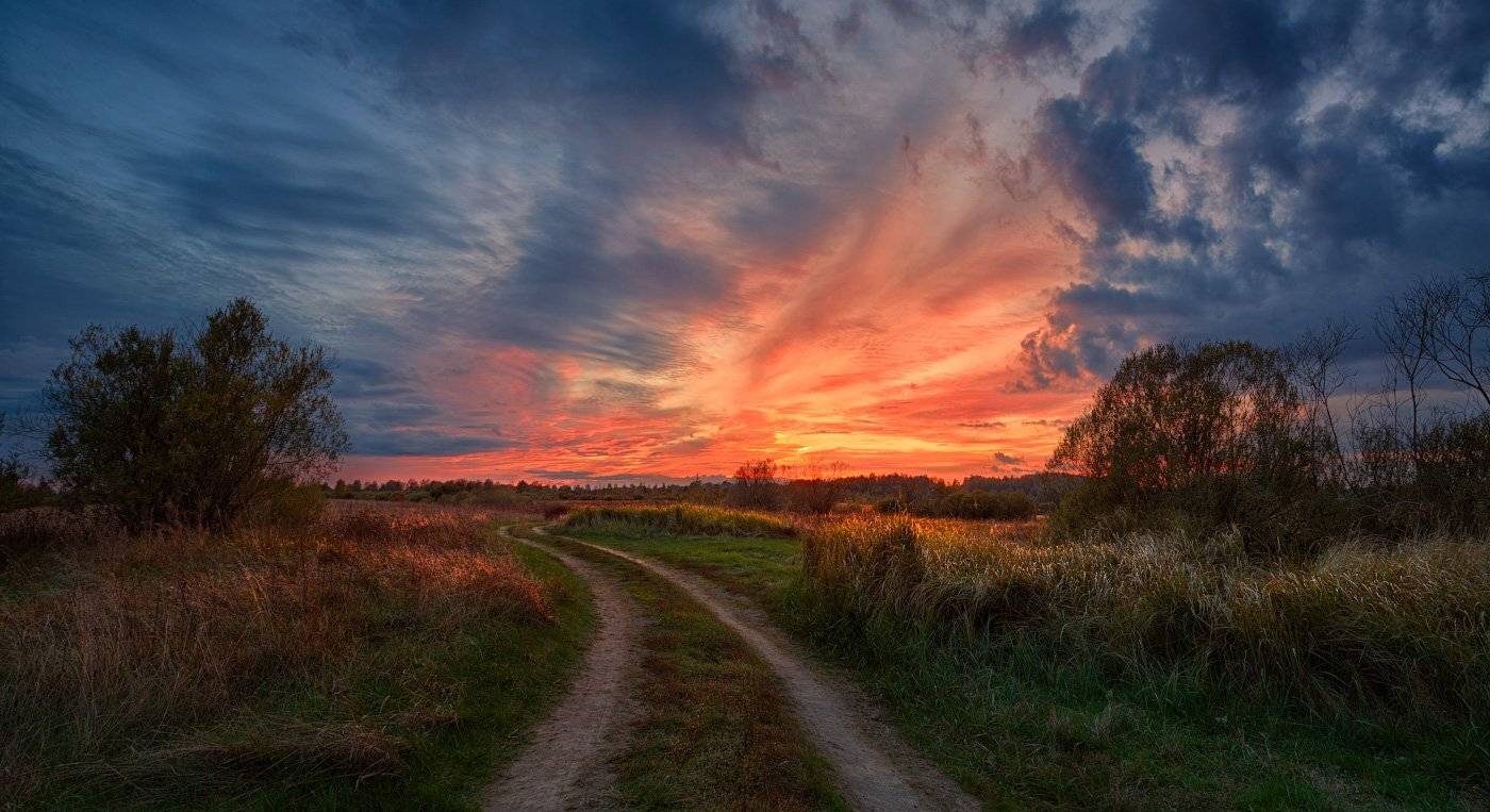 Дорога, Закат, Зарево, Луг, Небо, Облака, Осень, Сентябрь, Михаил Кушнер