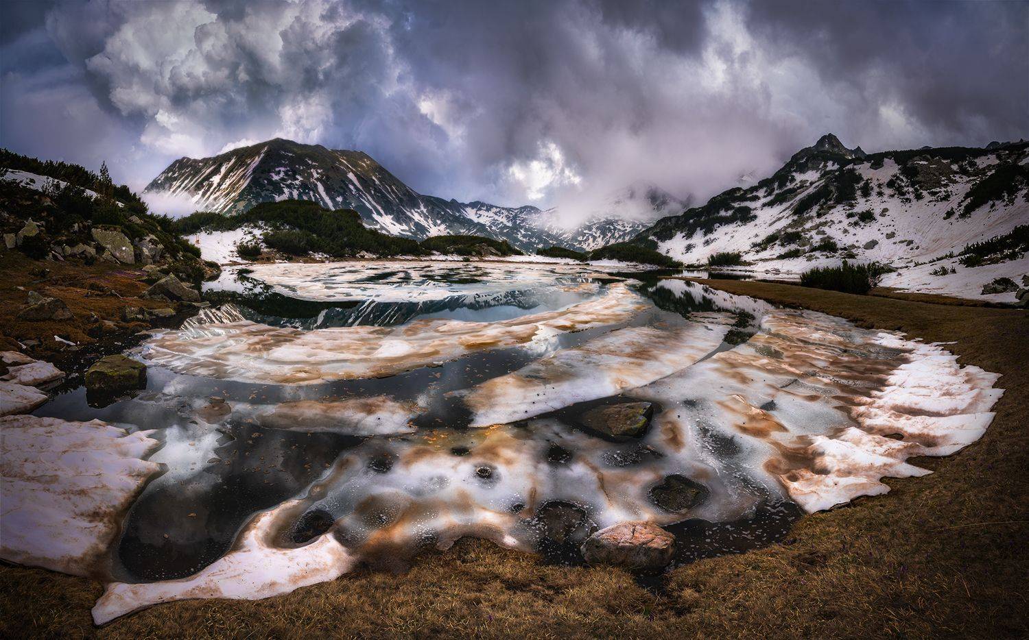 landscape, nature, scenery, peak, lake, snow, ice, lake, reflection, clouds, mountain, bulgaria, пейзаж, озеро, горы, Александър Александров