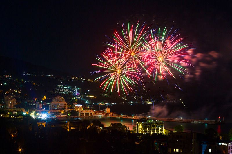 крым, ялта, фейерверк, черное море, ночная ялта, южный берег крыма, юбк, ялтинский залив, ночной город Фейерверк в Ялте фото превью