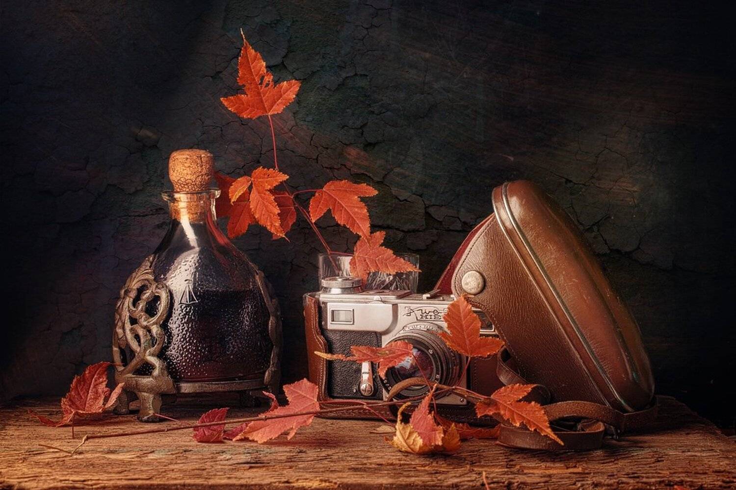 натюрморт, картина, этюд, багровый, бутыль, фотоаппарат, киев, листья, красный, осень, still, still life, photo, etude, purple, bottle, camera, kiev, leaf, leaves, red, autumn, fall, Станислав Аристов