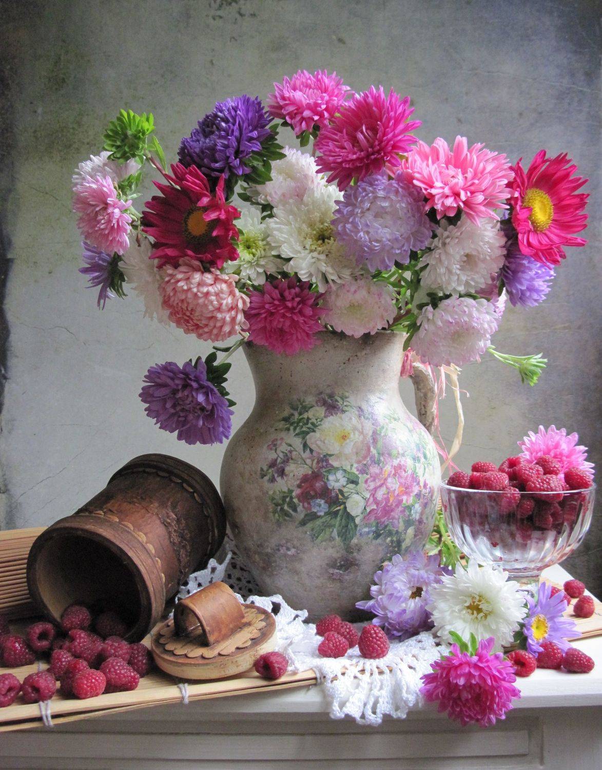 цветы, букет, астры, малина, кувшин, винтаж, креманка, туес, салфетка, Наталия Тихомирова