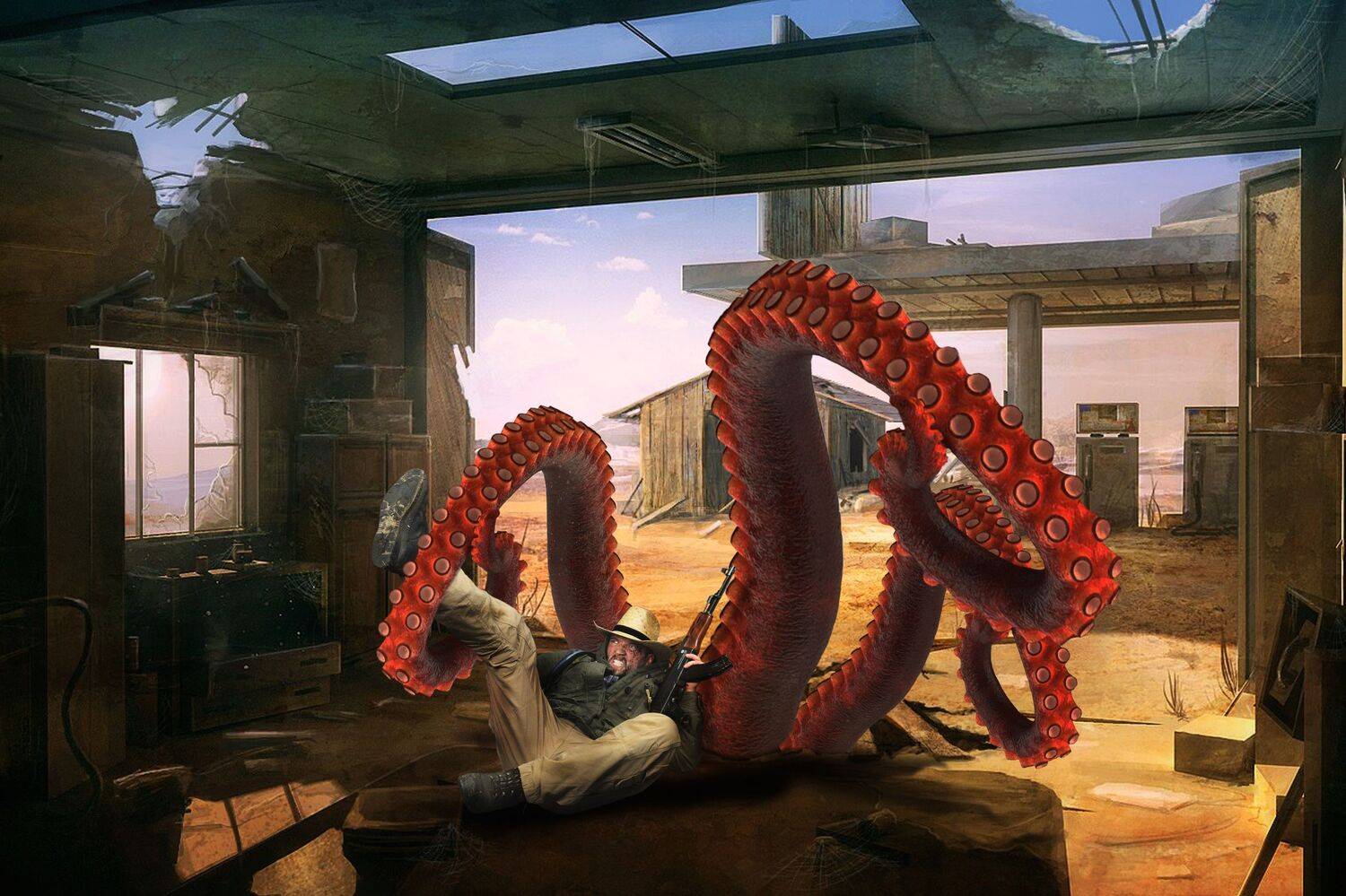 пустыня, мужчина, гараж, щупальца, Sergii Vidov