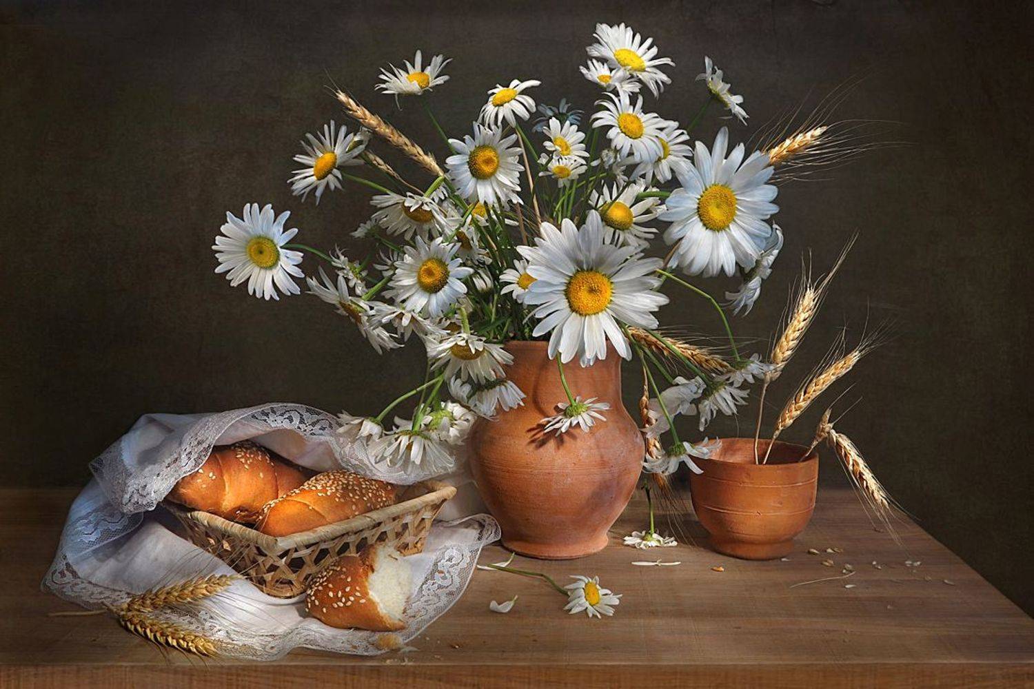 натюрморт,кувшин,колоски,хлеб,ромашки, Алла Шевченко