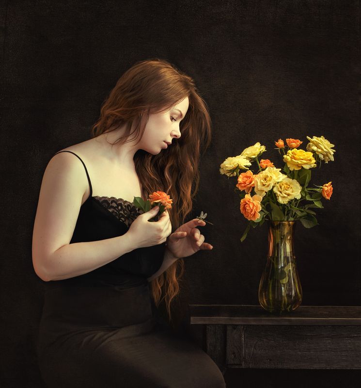 рыжая, желтые розы, стрекоза, файнарт, fineart, кружева Желтые розы фото превью