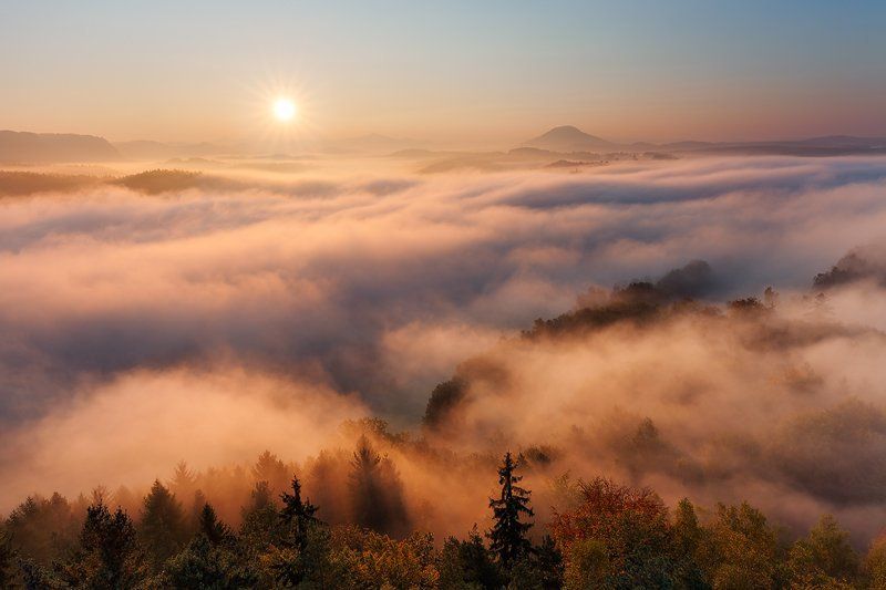 Autumn, Bohemian switzerland, Elbsandsteingebirge, Fall, Fog, Hills, Light, Mist, Saxon switzerland, Sunrise Above the Sea of Fog фото превью