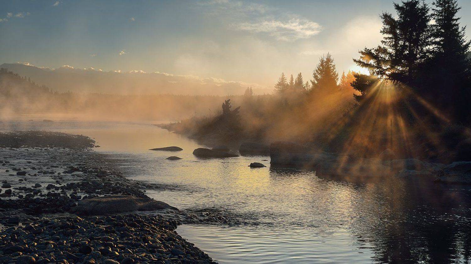 Алтай, Берег, Вода, Горы, Камни, Коксу, Лучи, Пейзаж, Природа, Раннее, Рассвет, Река, Сибирь, Солнце, Течение, Туман, Утро, Дмитрий Антипов