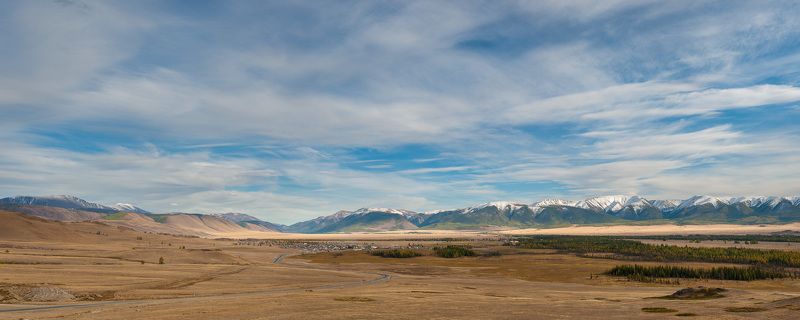 Горный алтай, Горы, Небо, Панорама, Северо-чуйский хребет, Степь Курайская степь фото превью