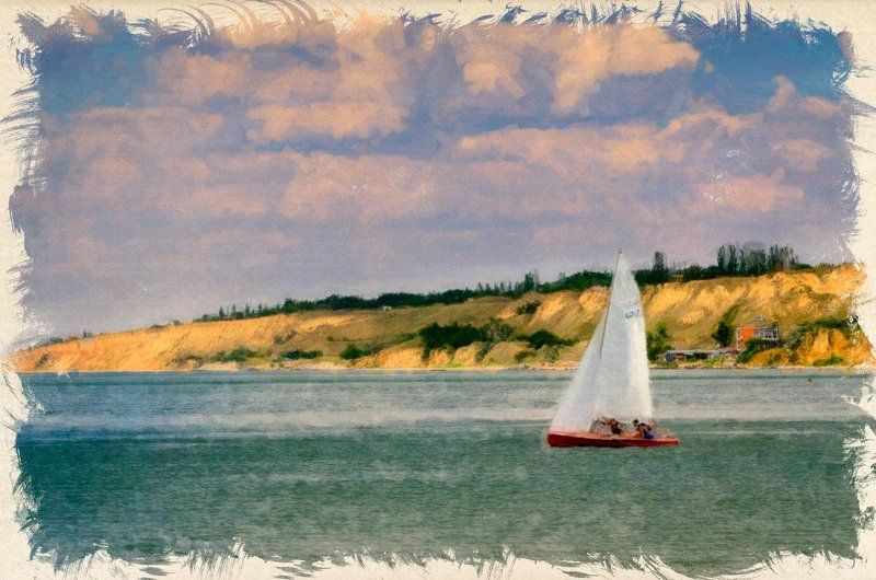 Картина, Море, Небо, Облака, Очаков, Парус, Парусник, Яхта Очаковский берег фото превью