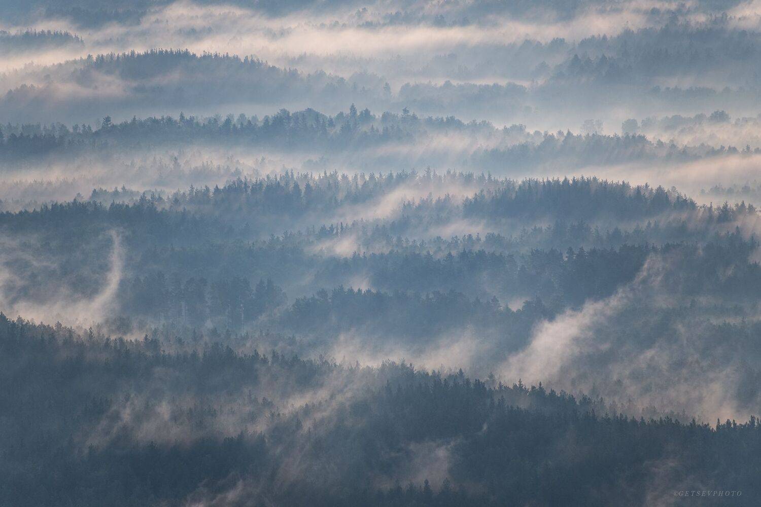пейзаж, горы, туман, лес, урал, рассвет, Евгений Гецев