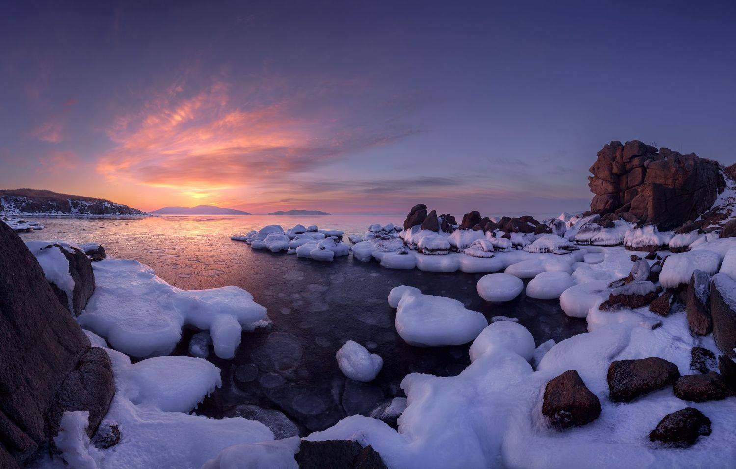 зима, утро, море, скалы, лёд, Андрей Кровлин