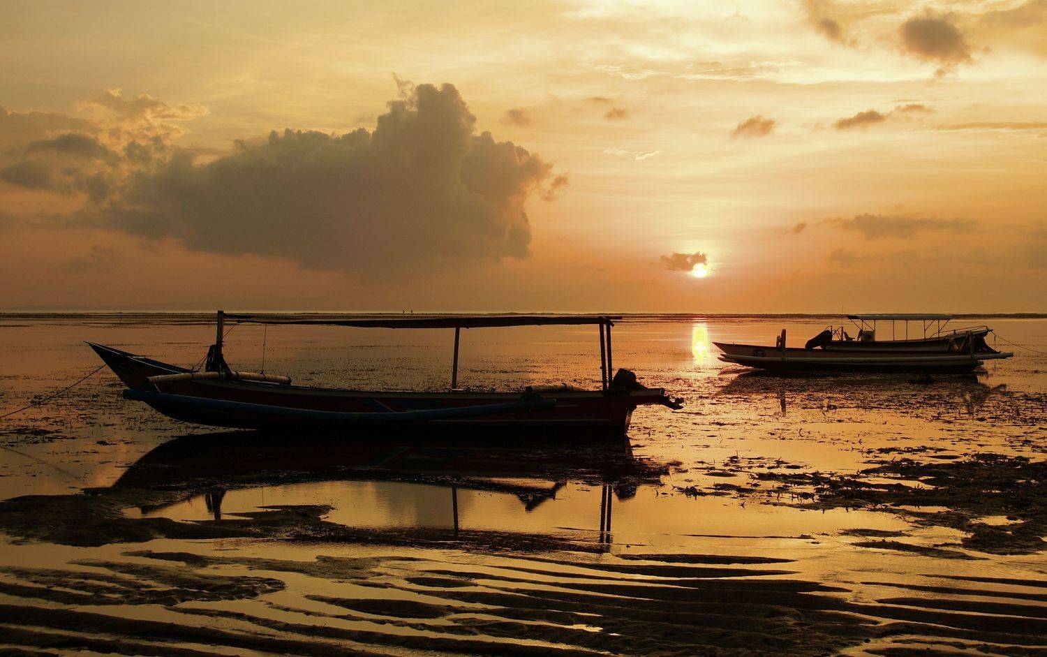 orange, morning, sunrise, dawn, sun, light, shore, ocean, sea, boat, jukung, low tide, landscape, horizon, nature, Сергей Андреевич