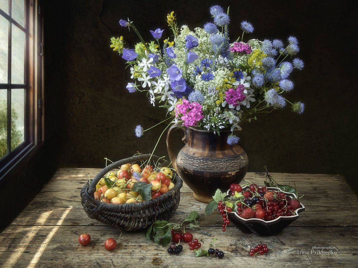 натюрморт, лето, цветы, букеты, фрукты, ягоды, Приходько Ирина