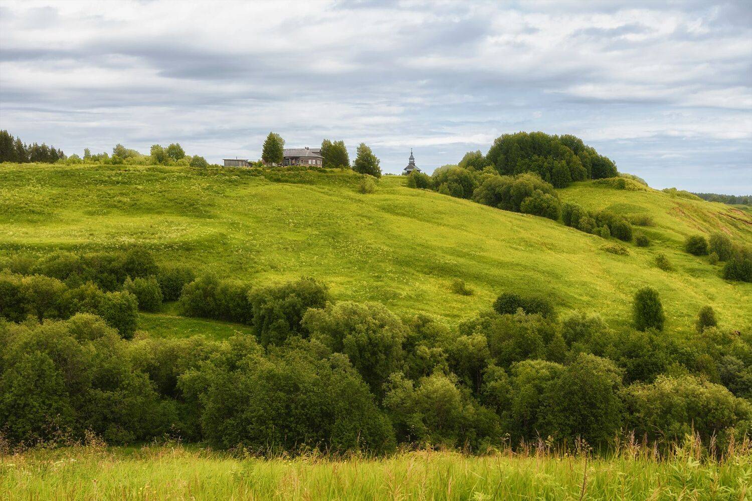 лето июль угорье берег высокий дом церковь луг трава кусты деревья облака, Вера Ра