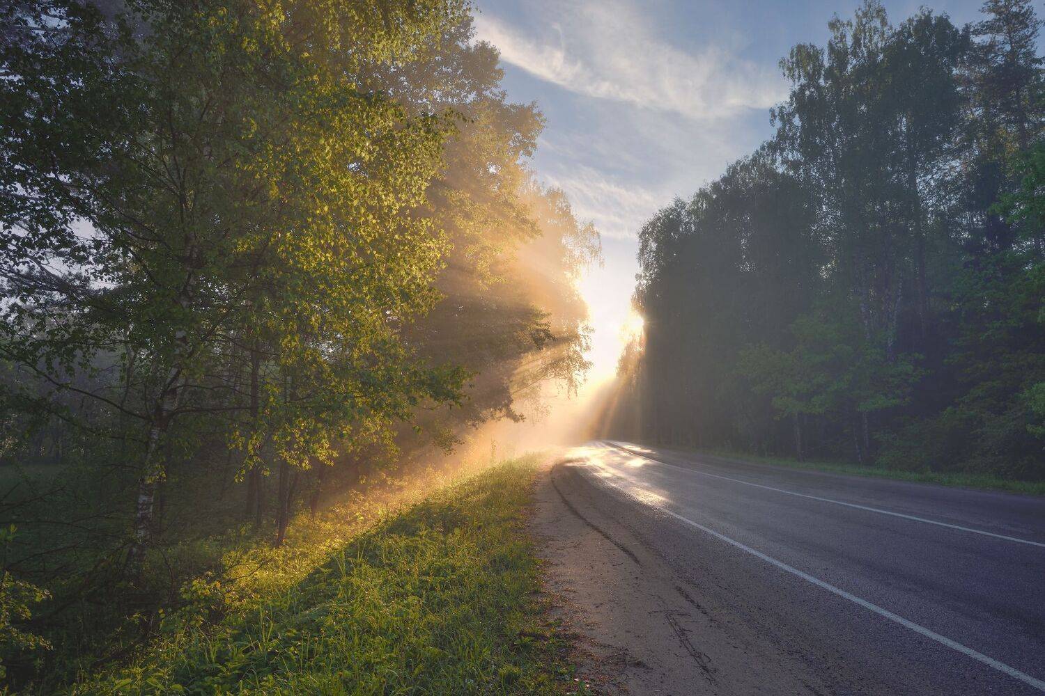 утро,рассвет,шоссе,солнце,лучи,туман,небо, Виталий Полуэктов