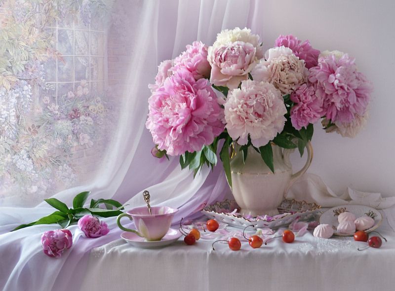 still life, натюрморт, цветы, фото натюрморт, пионы, настроение, лето, июль, черешня И бело-розовая нежность... фото превью