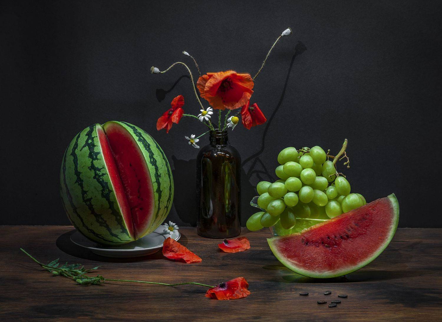 натюрморт, арбуз, виноград, мак, ромашки, цветы,, Кондратюк Андрей
