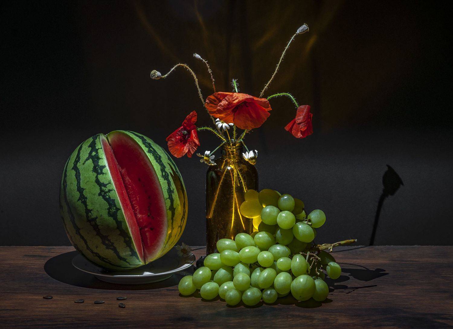 натюрморт, арбуз, виноград, мак, ромашки, цветы,, Кондратюк Андрей