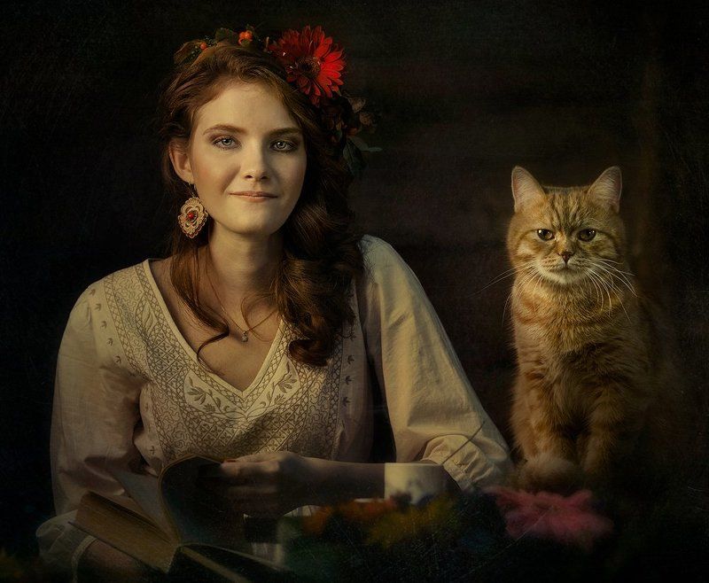 Девушка, Книга, Кот, Рыжий, Цветы *** фото превью