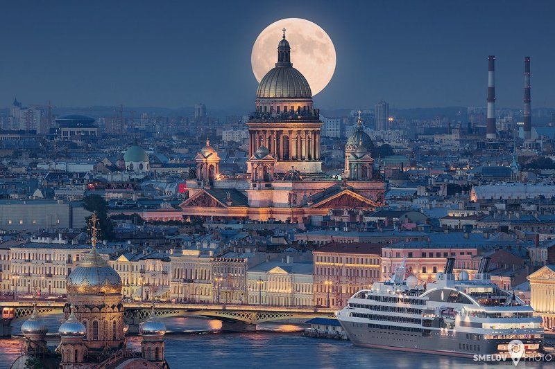 Boat, Bridge, Cathedral, Church, Cityscape, Ferry, Fullmoon, Isaacs, Moon, Neva, Petersburg, Pietari, Piter, River, Saint-Petersburg, Ship, Siljaline, SPb  фото превью