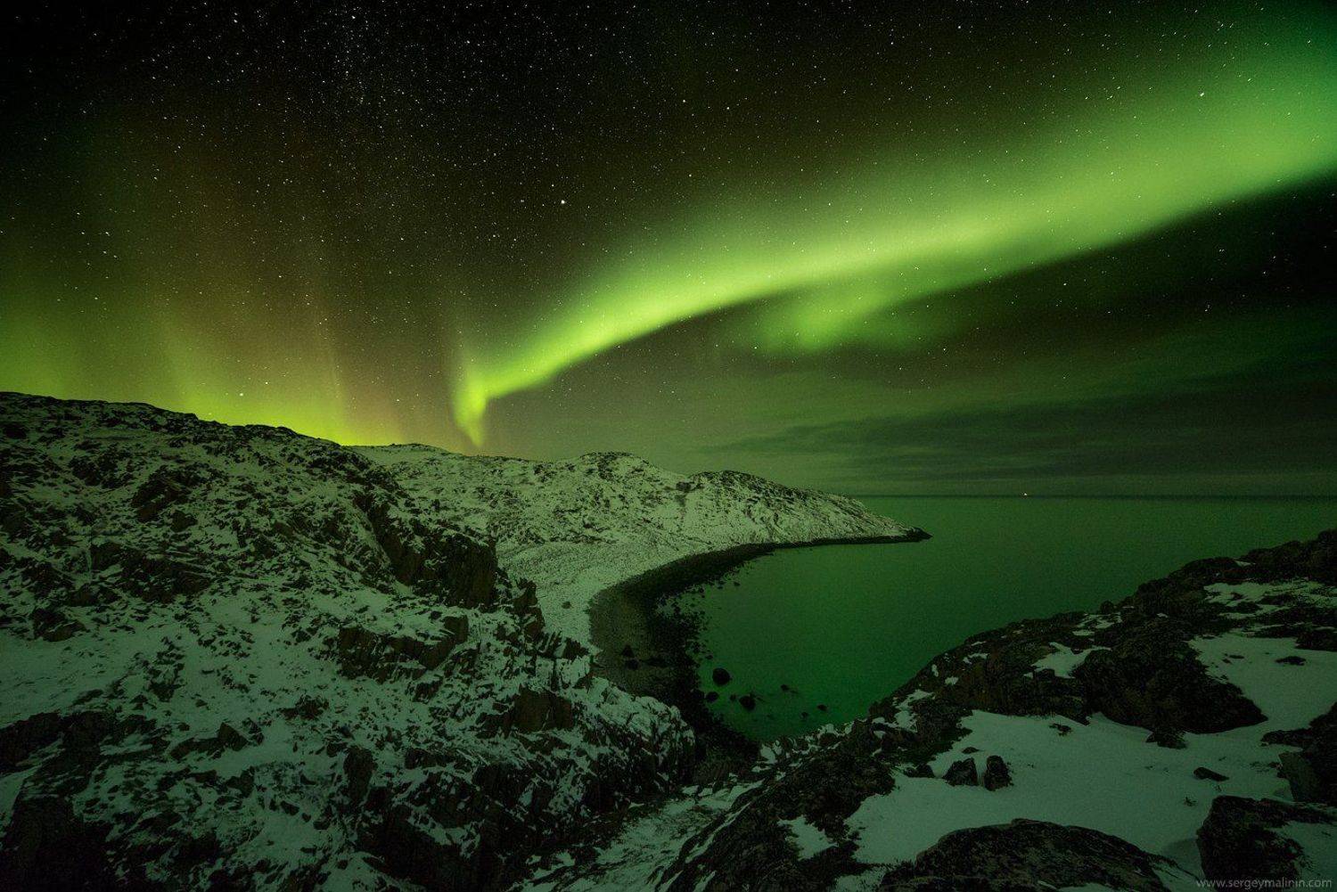 Aurora borealis, Barents Sea, Milky Way, Night, Seaside, Заполярье, Море, Ночь, Северное сияние, Териберка, Сергей Малинин