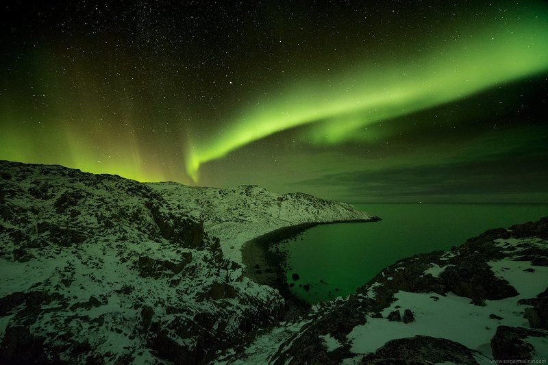 Aurora borealis, Barents Sea, Milky Way, Night, Seaside, Заполярье, Море, Ночь, Северное сияние, Териберка Ночь в небесной гавани фото превью