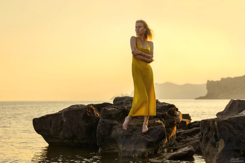 пляж, берег, девушка, силуэт, контровой свет, море *** фото превью