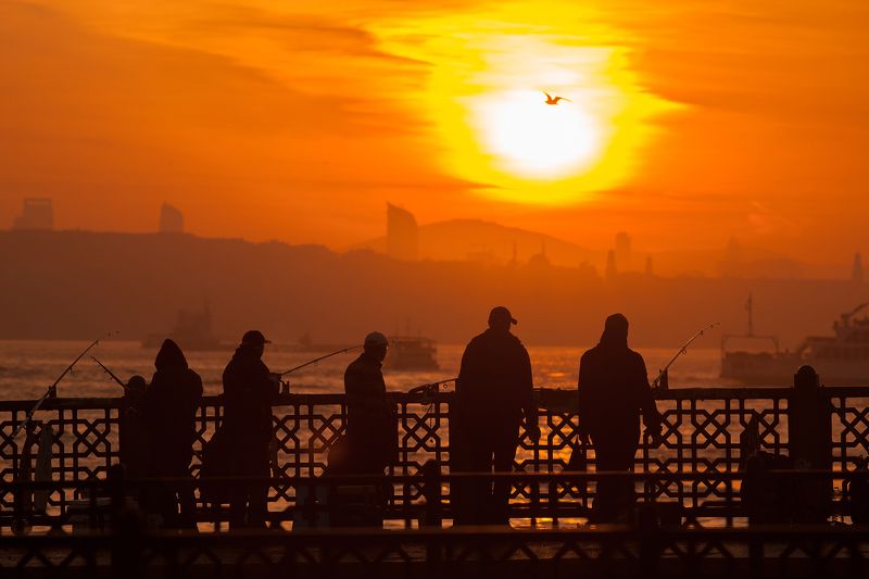 turkey, istanbul, galata bridge, dawn, fishermen Istanbul. Galata bridge. фото превью