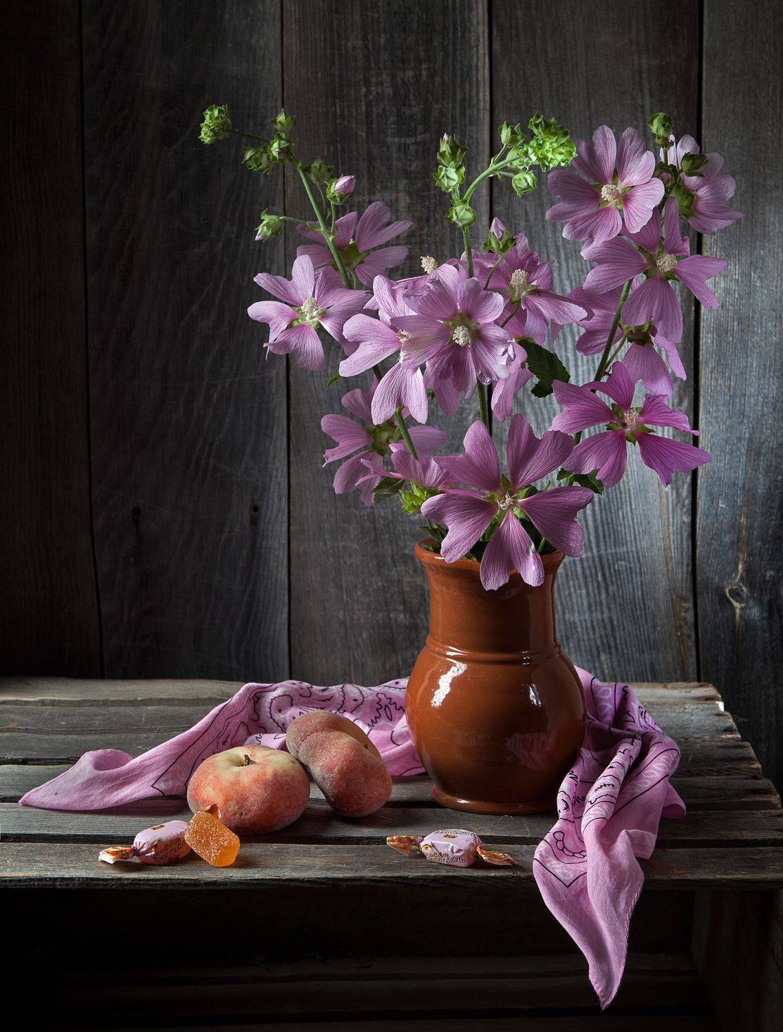 мальва, цветы, косынка, персики, конфеты ,крынка., Татьяна Попова