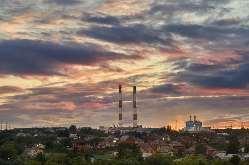 закат,небо,пейзаж,город,промышленный пейзаж,вечер Закат в Казачьем Логу фото превью