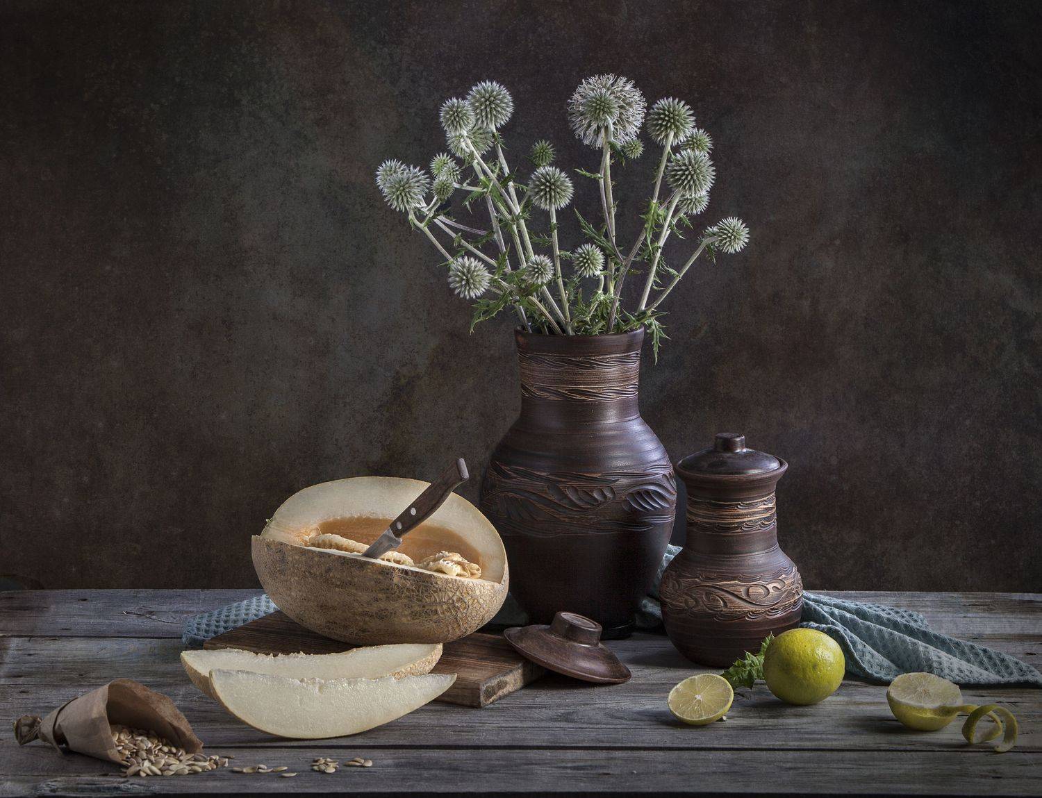 дыня, лимон ,крынки, цветы., Татьяна Попова