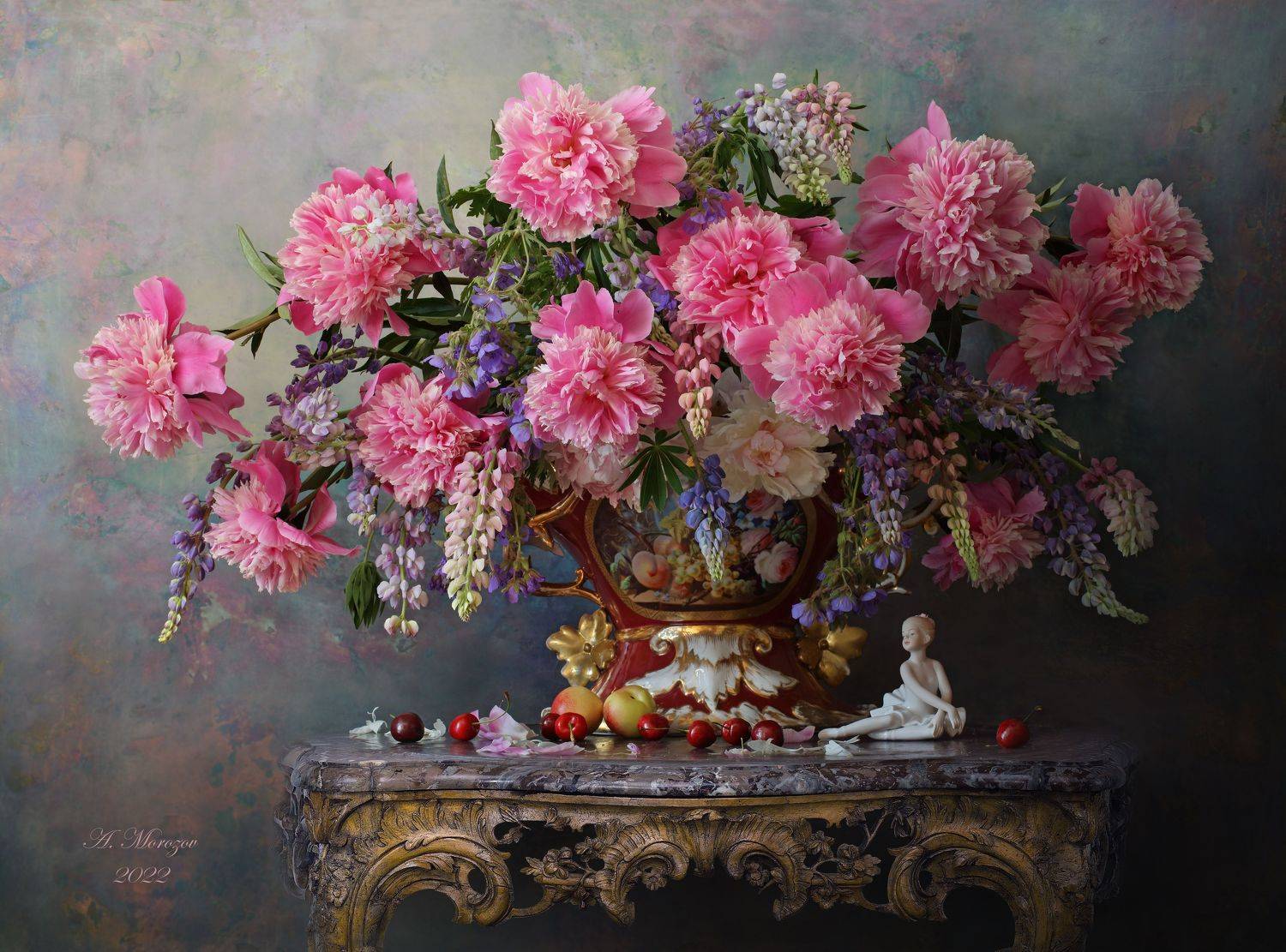 пионы, цветы, стол, люпины, лето, скульптура, девочка, балерина, ягоды, Андрей Морозов